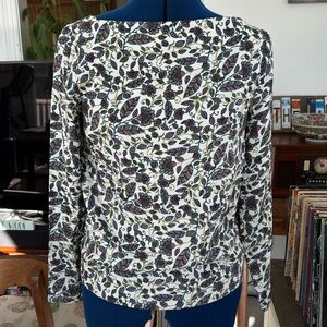 J. Crew paisley boat neck blouse, size XS. Purple, gold & red shades. EUC.